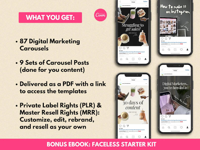 Viral Aesthetic Instagram Carousels | Done-For-You Content with MRR/PLR | Faceless & Digital Product Niches + Bonus Ebook