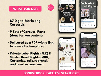 Viral Aesthetic Instagram Carousels | Done-For-You Content with MRR/PLR | Faceless & Digital Product Niches + Bonus Ebook
