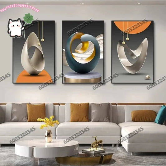 3Pcs Frameless Modern Geometric Wall Art Canvas Prints Luxury Abstract Artwork Paintings for Modern Living Room Wall Decor - Smoothy Home