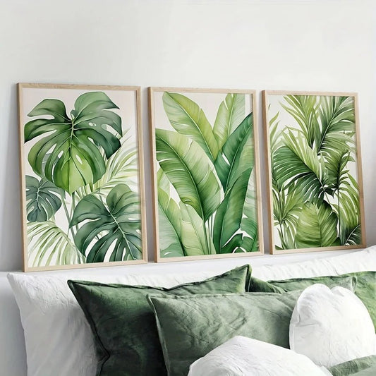 3pcs/set Tropical Watercolor Leaf Plant Canvas Prints Banana Palm Leaf Wall Art Posters for Modern Spring Beach House Home Decor - Smoothy Home
