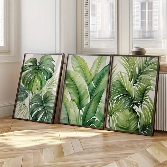 3pcs/set Tropical Watercolor Leaf Plant Canvas Prints Banana Palm Leaf Wall Art Posters for Modern Spring Beach House Home Decor - Smoothy Home
