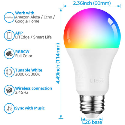 4 Pack Smart WiFi LED A19 Bulb, RGBCW Color Changing, Compatible with Alexa & Google Home & Echo Assistant - Smoothy Home