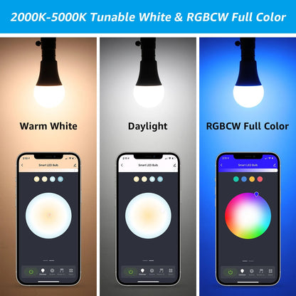 4 Pack Smart WiFi LED A19 Bulb, RGBCW Color Changing, Compatible with Alexa & Google Home & Echo Assistant - Smoothy Home