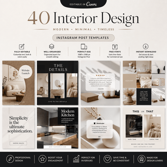 40 Interior Design Instagram Post Templates | Canva Editable Social Media Posts | Modern Minimalist Home Decor Content - Smoothy Home