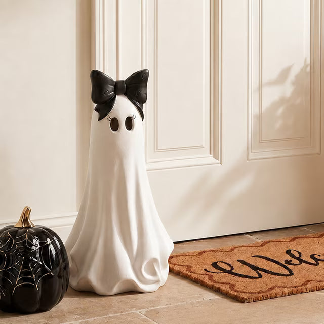 My Texas House Halloween Large Ghost with Bow Decoration, Black and White, 20"
