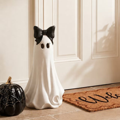 My Texas House Halloween Large Ghost with Bow Decoration, Black and White, 20"
