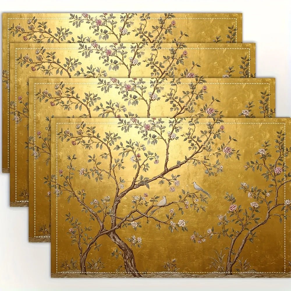 4pcs Elegant Chinoiserie Golden Placemats - Luxury Asian Motifs Table Mats Suitable for Dining Table, Kitchen, Party, Holiday - Smoothy Home