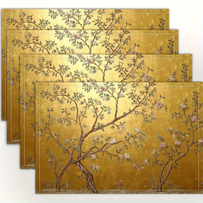 4pcs Elegant Chinoiserie Golden Placemats - Luxury Asian Motifs Table Mats Suitable for Dining Table, Kitchen, Party, Holiday - Smoothy Home