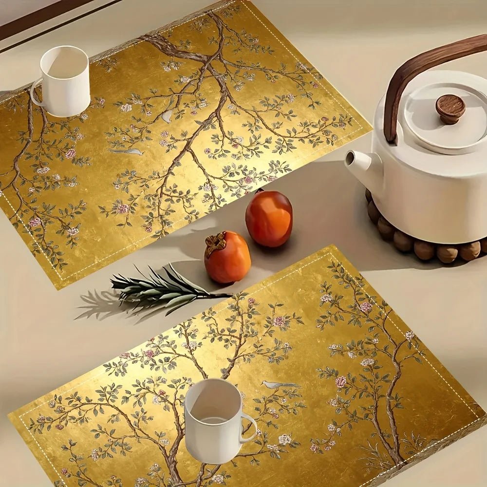 4pcs Elegant Chinoiserie Golden Placemats - Luxury Asian Motifs Table Mats Suitable for Dining Table, Kitchen, Party, Holiday - Smoothy Home