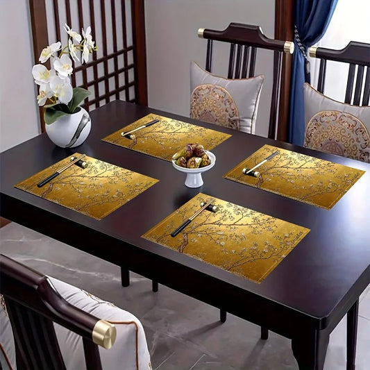 4pcs Elegant Chinoiserie Golden Placemats - Luxury Asian Motifs Table Mats Suitable for Dining Table, Kitchen, Party, Holiday - Smoothy Home