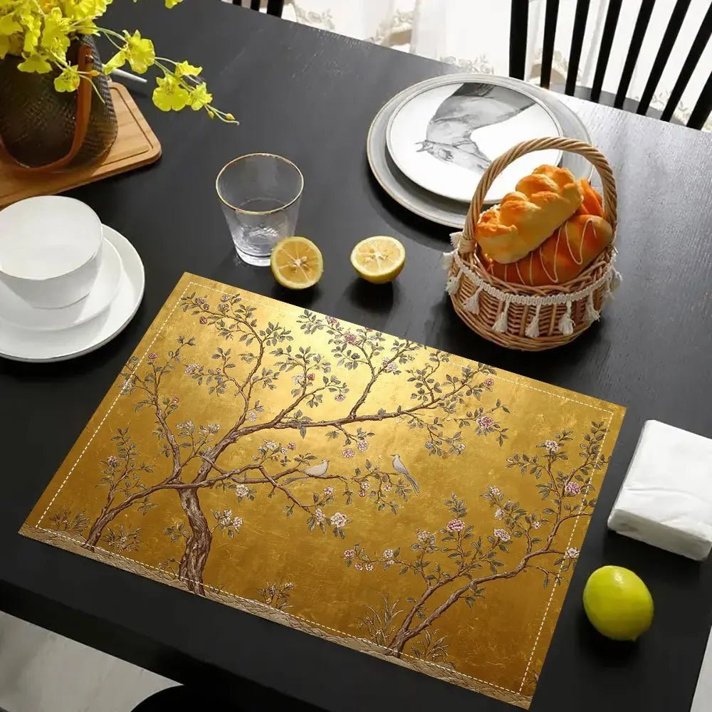 4pcs Elegant Chinoiserie Golden Placemats - Luxury Asian Motifs Table Mats Suitable for Dining Table, Kitchen, Party, Holiday - Smoothy Home