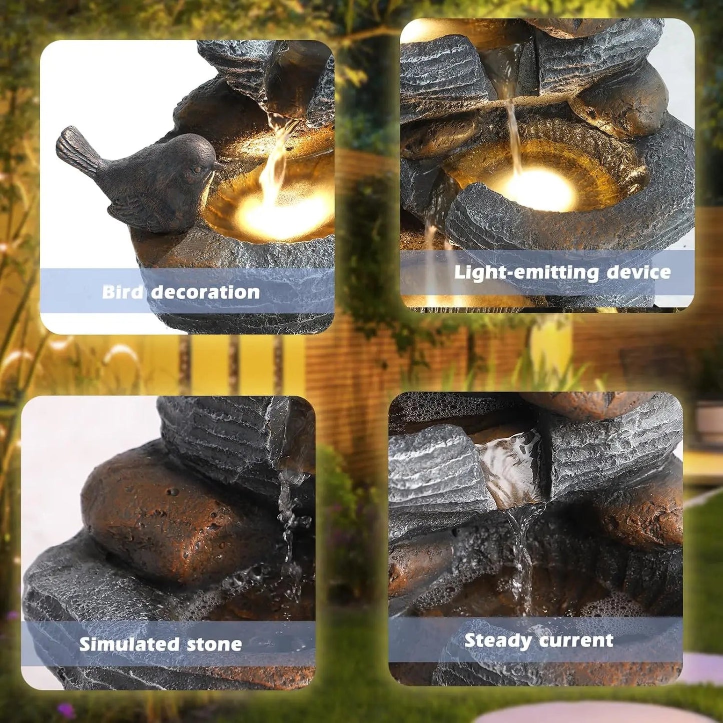 5-Tier Cascading Rock Water Fountain with LED Lights for Garden Patio Yard Deck Decor, Natural Stone Look, Custom - Smoothy Home