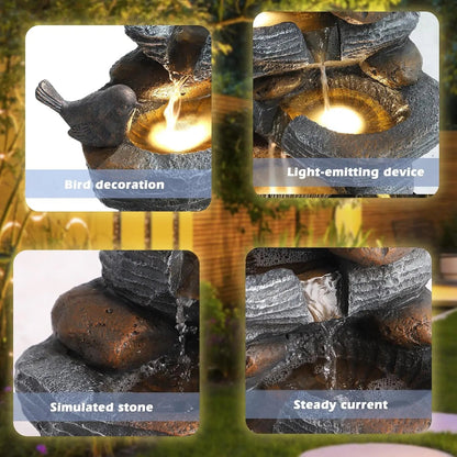 5-Tier Cascading Rock Water Fountain with LED Lights for Garden Patio Yard Deck Decor, Natural Stone Look, Custom - Smoothy Home