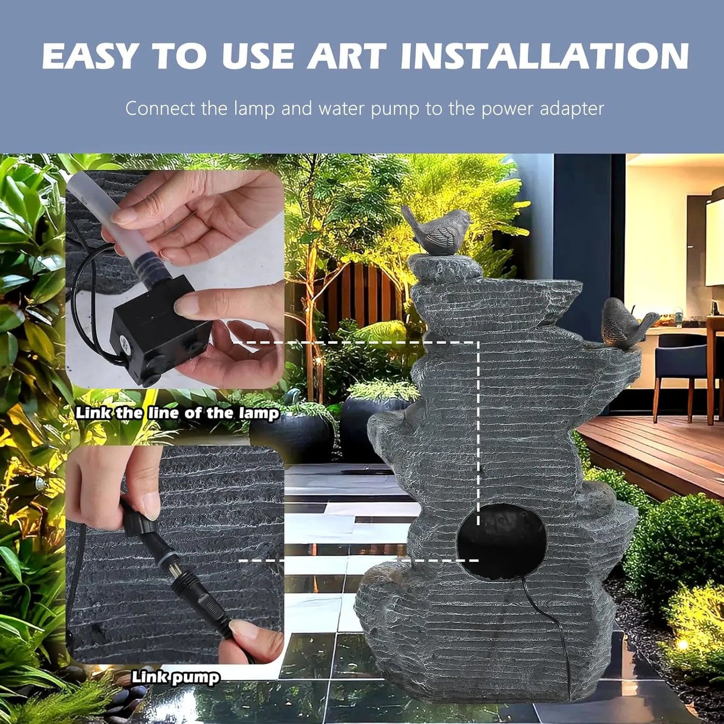5-Tier Cascading Rock Water Fountain with LED Lights for Garden Patio Yard Deck Decor, Natural Stone Look, Custom - Smoothy Home
