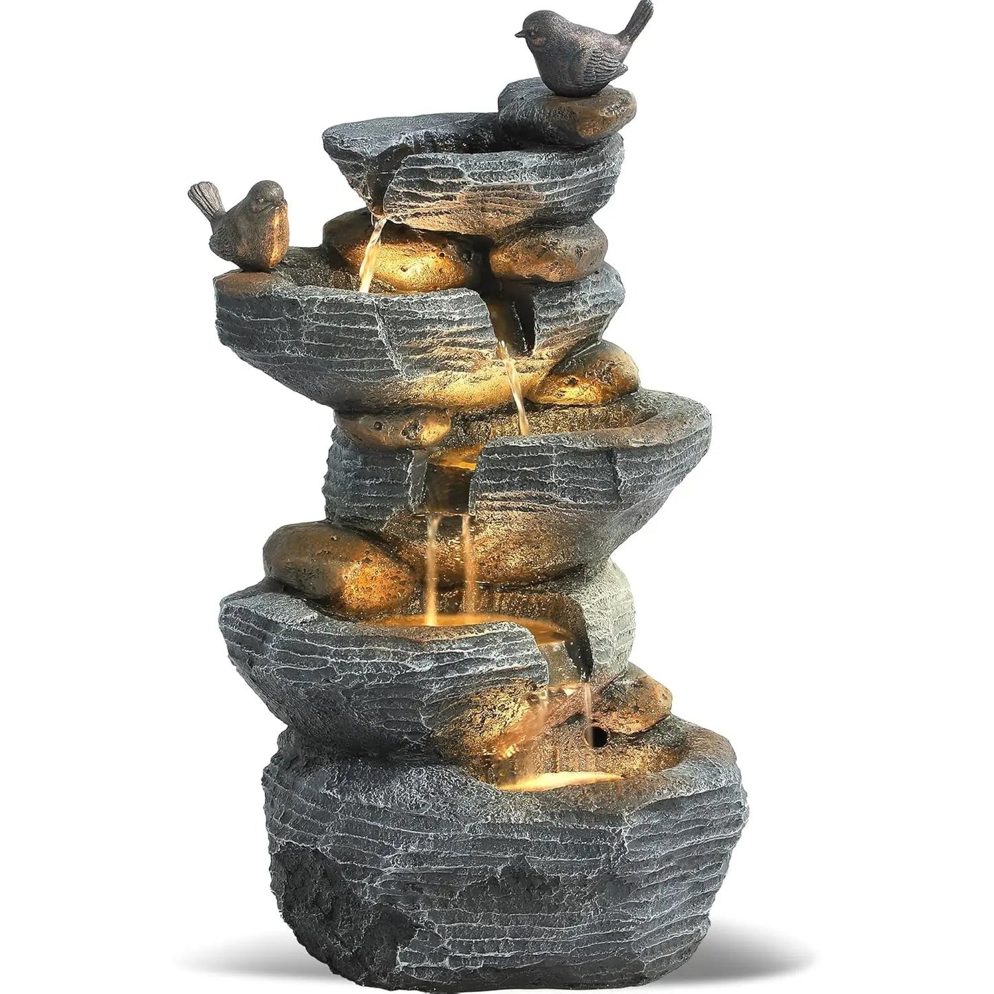 5-Tier Cascading Rock Water Fountain with LED Lights for Garden Patio Yard Deck Decor, Natural Stone Look, Custom - Smoothy Home