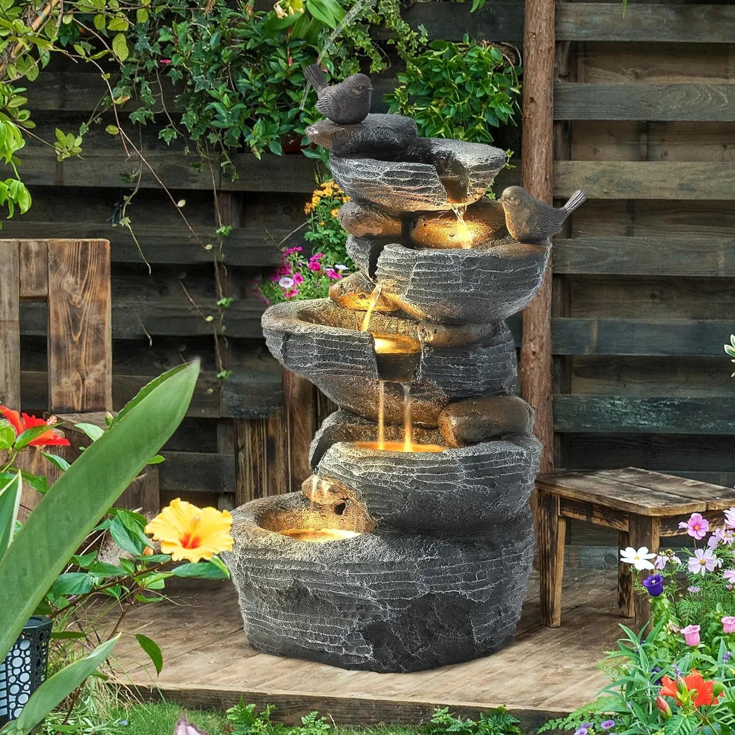 5-Tier Cascading Rock Water Fountain with LED Lights for Garden Patio Yard Deck Decor, Natural Stone Look, Custom - Smoothy Home