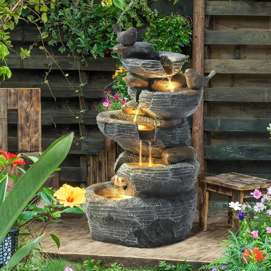 5-Tier Cascading Rock Water Fountain with LED Lights for Garden Patio Yard Deck Decor, Natural Stone Look, Custom - Smoothy Home