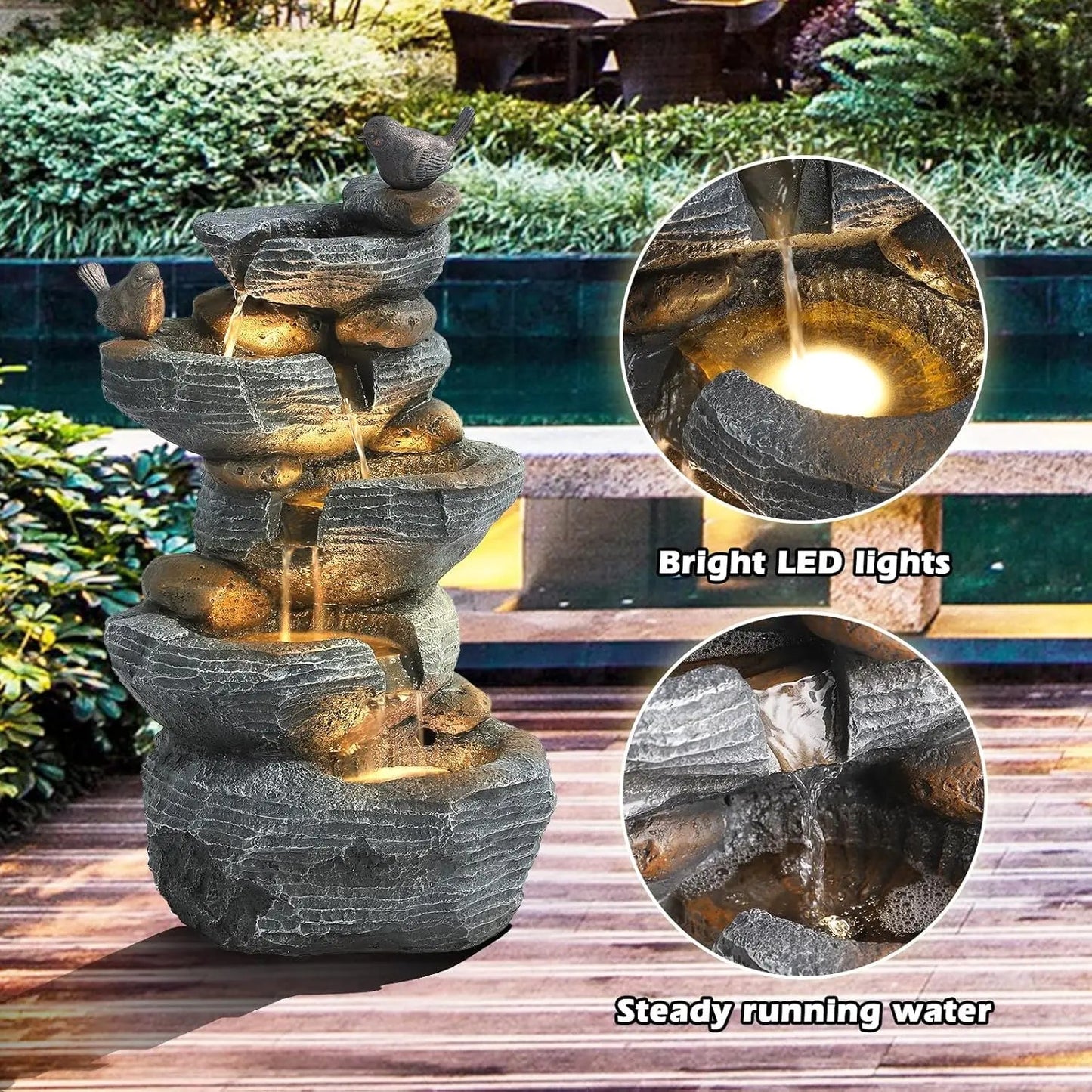 5-Tier Cascading Rock Water Fountain with LED Lights for Garden Patio Yard Deck Decor, Natural Stone Look, Custom - Smoothy Home
