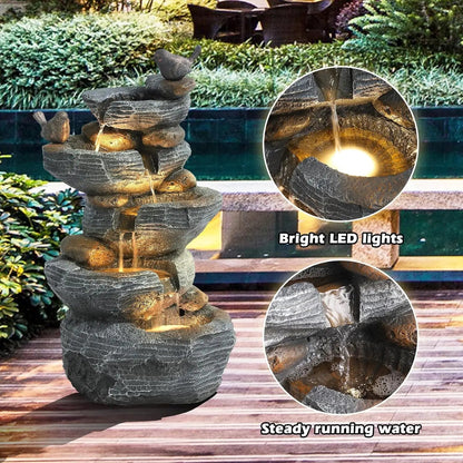 5-Tier Cascading Rock Water Fountain with LED Lights for Garden Patio Yard Deck Decor, Natural Stone Look, Custom - Smoothy Home