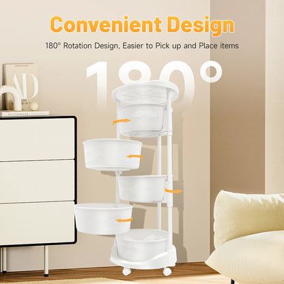 5-Tier Rotating Storage Shelf 50KG Load 180° Swivel PP Rolling Storage Rack with Universal Casters for Kitchen Bathroom Office - Smoothy Home