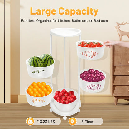 5-Tier Rotating Storage Shelf 50KG Load 180° Swivel PP Rolling Storage Rack with Universal Casters for Kitchen Bathroom Office - Smoothy Home