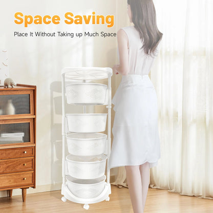 5-Tier Rotating Storage Shelf 50KG Load 180° Swivel PP Rolling Storage Rack with Universal Casters for Kitchen Bathroom Office - Smoothy Home
