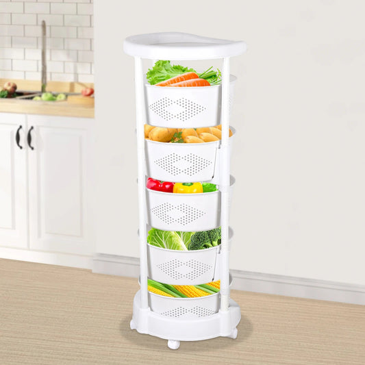 5-Tier Rotating Storage Shelf 50KG Load 180° Swivel PP Rolling Storage Rack with Universal Casters for Kitchen Bathroom Office - Smoothy Home