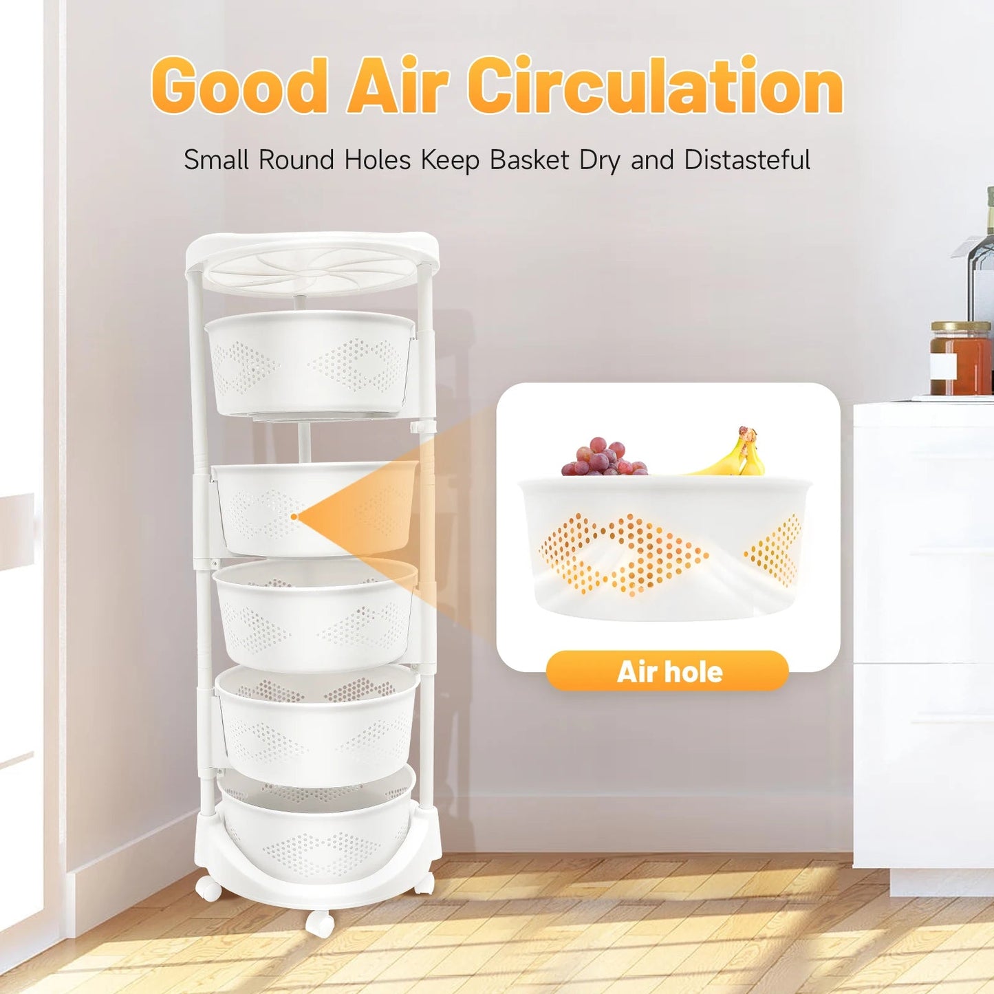 5-Tier Rotating Storage Shelf 50KG Load 180° Swivel PP Rolling Storage Rack with Universal Casters for Kitchen Bathroom Office - Smoothy Home