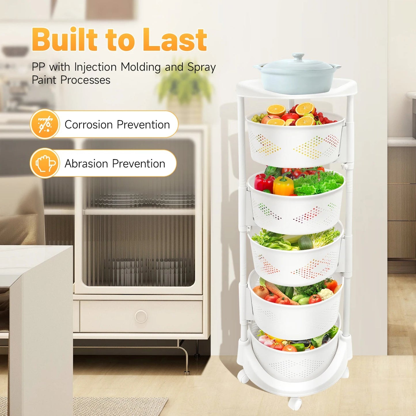 5-Tier Rotating Storage Shelf 50KG Load 180° Swivel PP Rolling Storage Rack with Universal Casters for Kitchen Bathroom Office - Smoothy Home