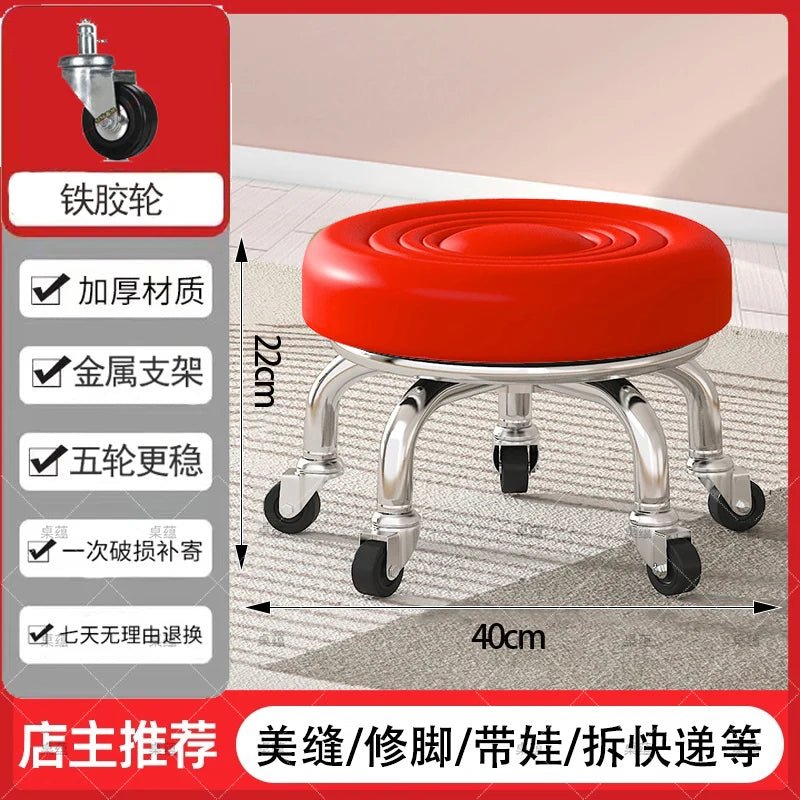 5-Wheel Metal Stool - Thickened Silent Low Stool with Sturdy Frame for Home/Foot Spa/Cosmetology/Kids - Smoothy Home