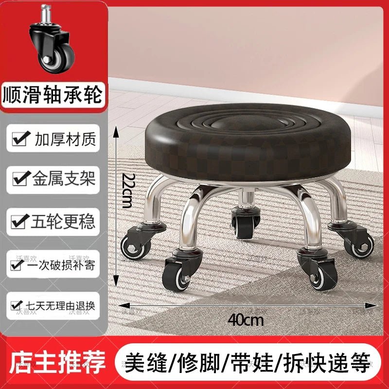 5-Wheel Metal Stool - Thickened Silent Low Stool with Sturdy Frame for Home/Foot Spa/Cosmetology/Kids - Smoothy Home