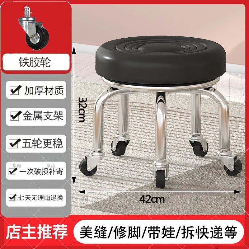 5-Wheel Metal Stool - Thickened Silent Low Stool with Sturdy Frame for Home/Foot Spa/Cosmetology/Kids - Smoothy Home