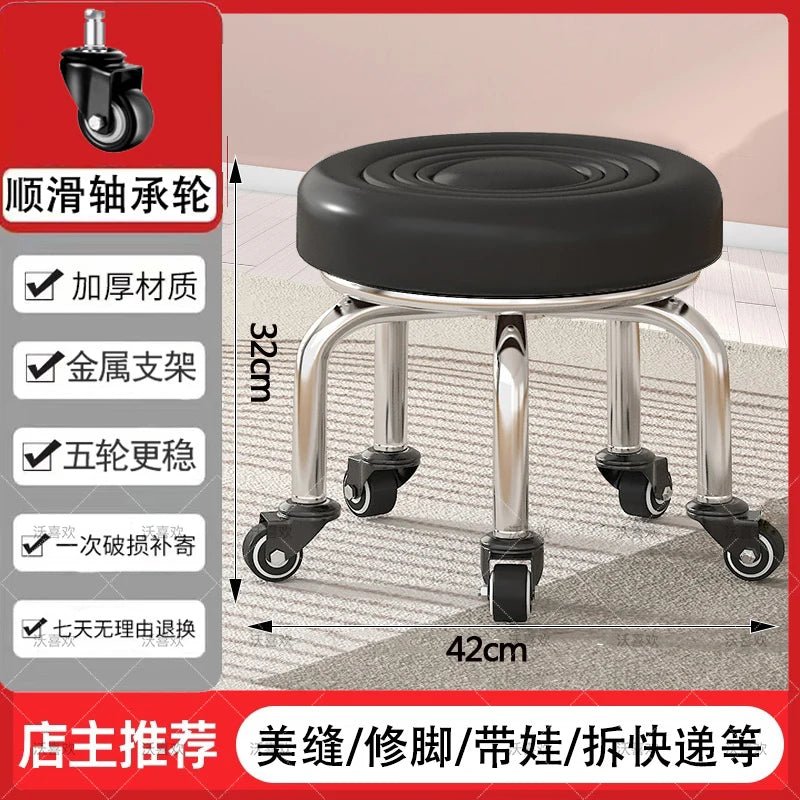 5-Wheel Metal Stool - Thickened Silent Low Stool with Sturdy Frame for Home/Foot Spa/Cosmetology/Kids - Smoothy Home