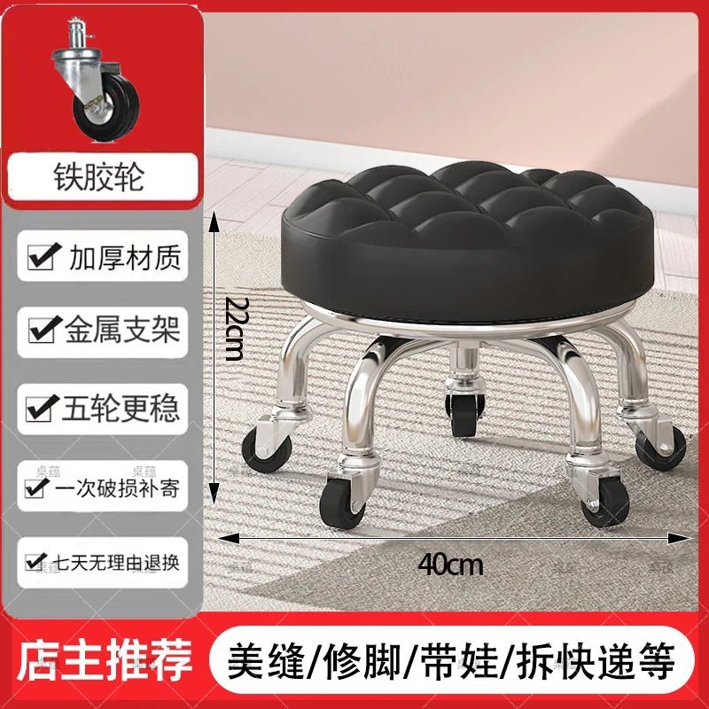 5-Wheel Metal Stool - Thickened Silent Low Stool with Sturdy Frame for Home/Foot Spa/Cosmetology/Kids - Smoothy Home