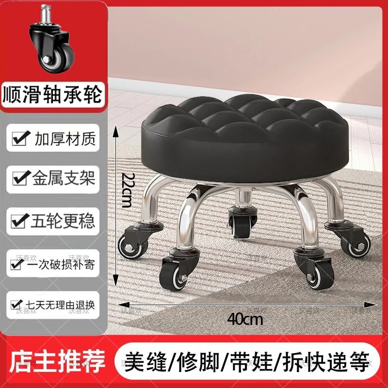 5-Wheel Metal Stool - Thickened Silent Low Stool with Sturdy Frame for Home/Foot Spa/Cosmetology/Kids - Smoothy Home