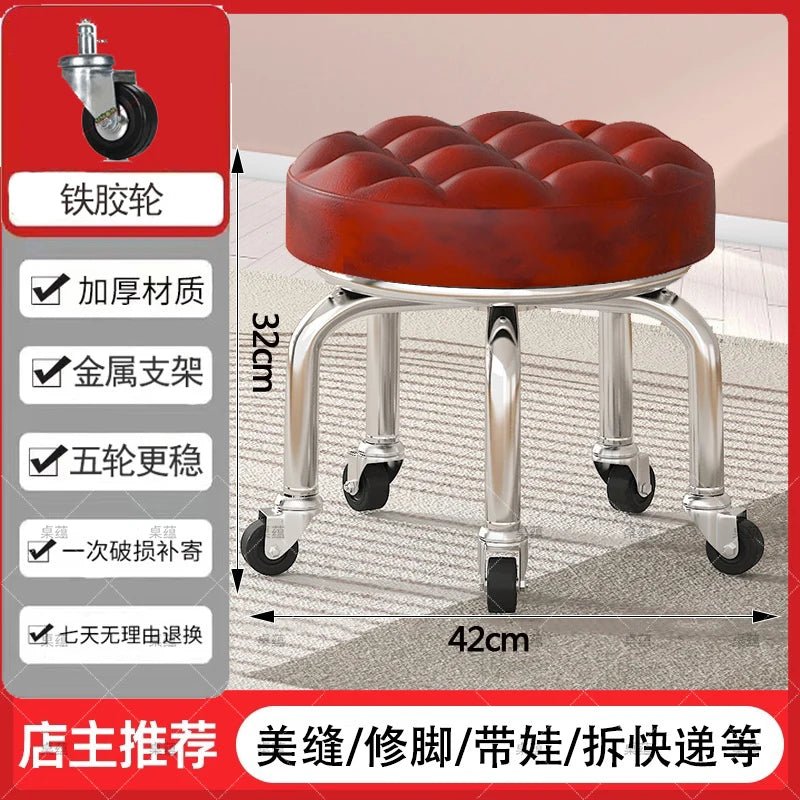 5-Wheel Metal Stool - Thickened Silent Low Stool with Sturdy Frame for Home/Foot Spa/Cosmetology/Kids - Smoothy Home