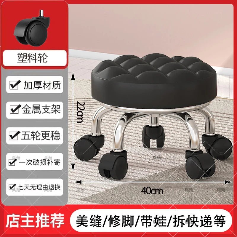 5-Wheel Metal Stool - Thickened Silent Low Stool with Sturdy Frame for Home/Foot Spa/Cosmetology/Kids - Smoothy Home