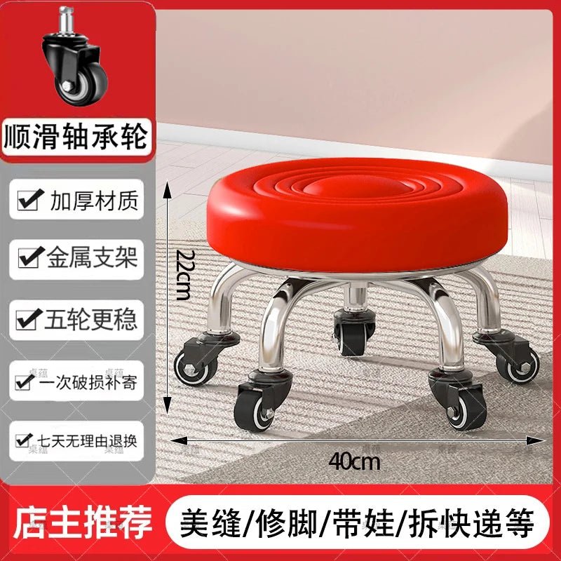 5-Wheel Metal Stool - Thickened Silent Low Stool with Sturdy Frame for Home/Foot Spa/Cosmetology/Kids - Smoothy Home