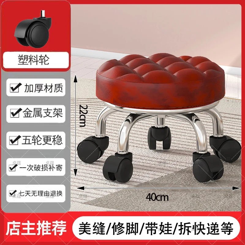 5-Wheel Metal Stool - Thickened Silent Low Stool with Sturdy Frame for Home/Foot Spa/Cosmetology/Kids - Smoothy Home