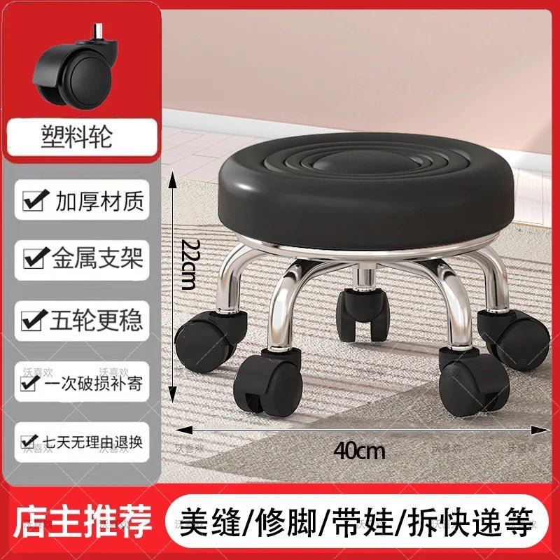 5-Wheel Metal Stool - Thickened Silent Low Stool with Sturdy Frame for Home/Foot Spa/Cosmetology/Kids - Smoothy Home