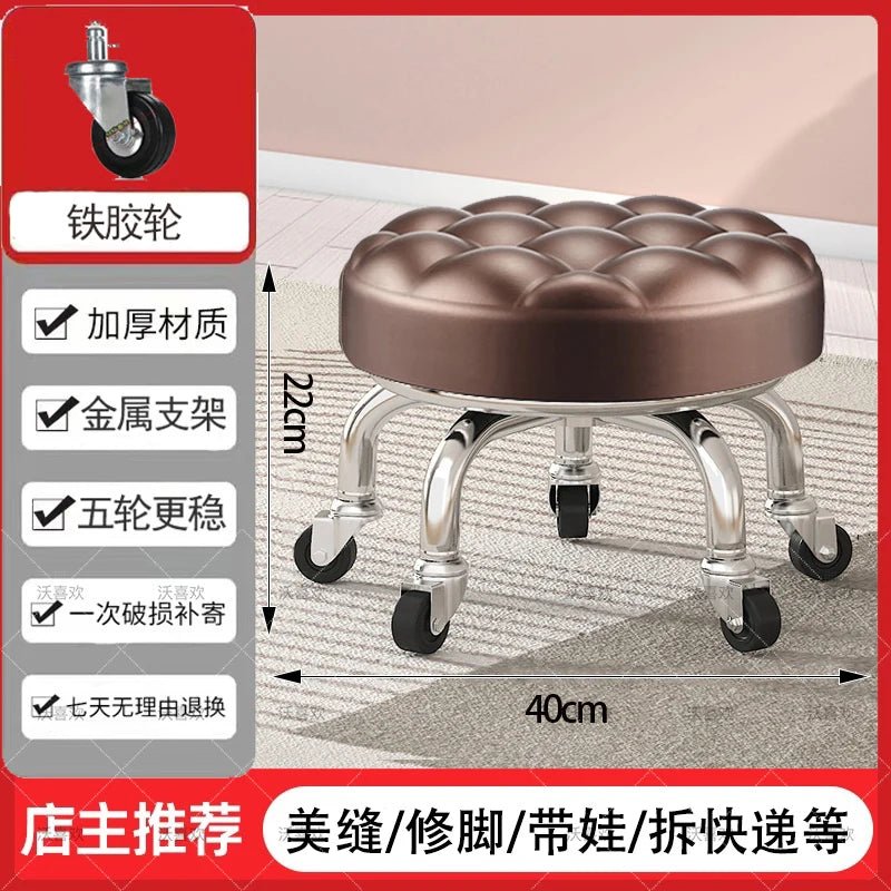 5-Wheel Metal Stool - Thickened Silent Low Stool with Sturdy Frame for Home/Foot Spa/Cosmetology/Kids - Smoothy Home