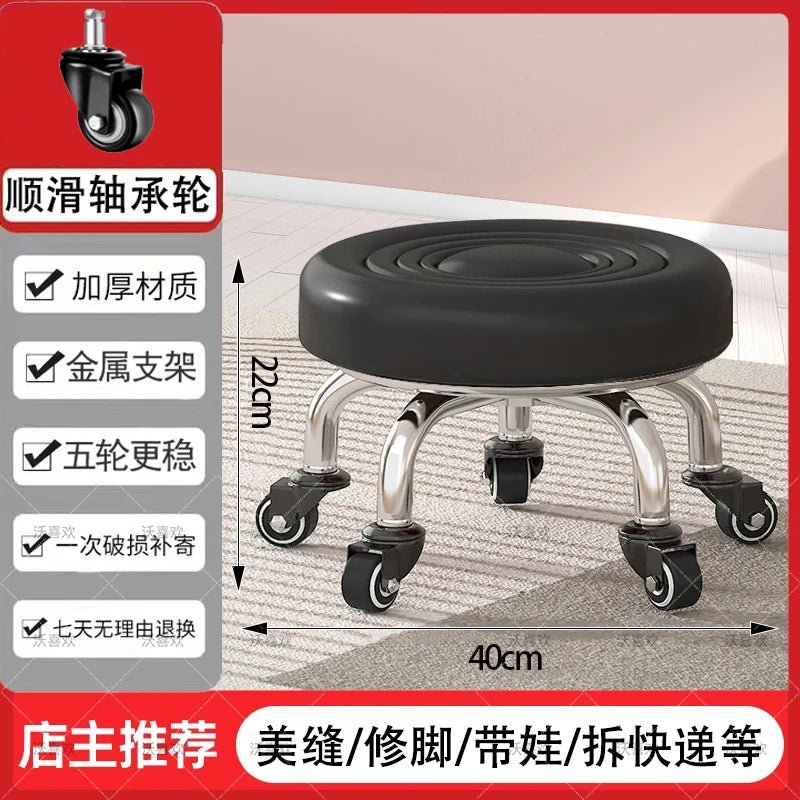 5-Wheel Metal Stool - Thickened Silent Low Stool with Sturdy Frame for Home/Foot Spa/Cosmetology/Kids - Smoothy Home