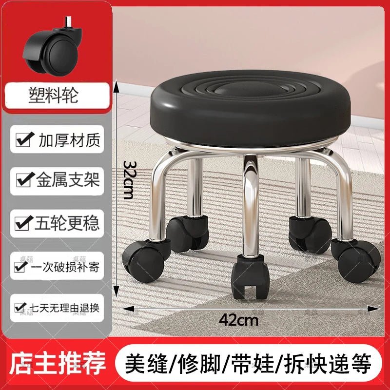 5-Wheel Metal Stool - Thickened Silent Low Stool with Sturdy Frame for Home/Foot Spa/Cosmetology/Kids - Smoothy Home