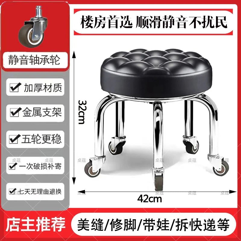 5-Wheel Metal Stool - Thickened Silent Low Stool with Sturdy Frame for Home/Foot Spa/Cosmetology/Kids - Smoothy Home