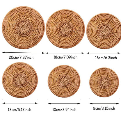6PC Round Natural Rattan Coasters Bowl Pad Handmade Insulation Placemats Table Padding Cup Mats Kitchen Decoration Accessories - Smoothy Home