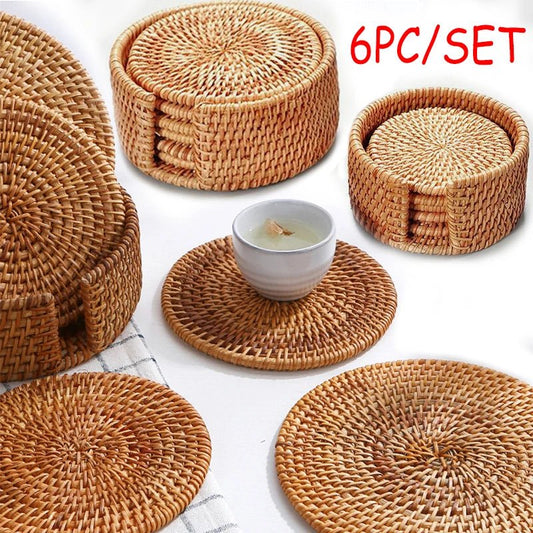 6PC Round Natural Rattan Coasters Bowl Pad Handmade Insulation Placemats Table Padding Cup Mats Kitchen Decoration Accessories - Smoothy Home
