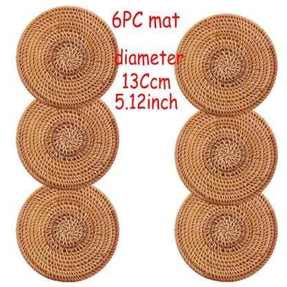 6PC Round Natural Rattan Coasters Bowl Pad Handmade Insulation Placemats Table Padding Cup Mats Kitchen Decoration Accessories - Smoothy Home
