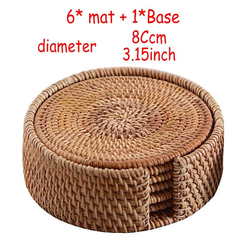 6PC Round Natural Rattan Coasters Bowl Pad Handmade Insulation Placemats Table Padding Cup Mats Kitchen Decoration Accessories - Smoothy Home