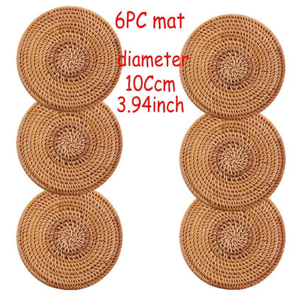 6PC Round Natural Rattan Coasters Bowl Pad Handmade Insulation Placemats Table Padding Cup Mats Kitchen Decoration Accessories - Smoothy Home