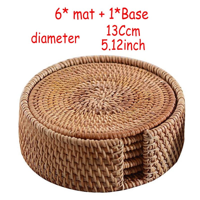 6PC Round Natural Rattan Coasters Bowl Pad Handmade Insulation Placemats Table Padding Cup Mats Kitchen Decoration Accessories - Smoothy Home